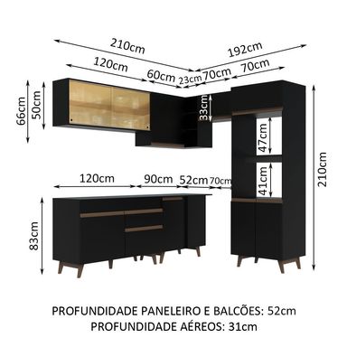 Armário de Cozinha Completa de Canto 402cm Preto Reims Madesa